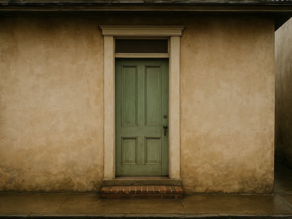 A green panelled door with a transom window, set in a weathered plaster wall above a brick step and damp pavement.