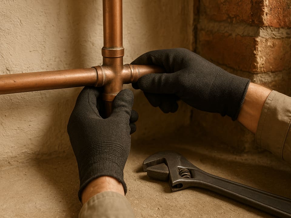 Gloved hands at a joint in an exposed copper pipe, with a wrench resting nearby.