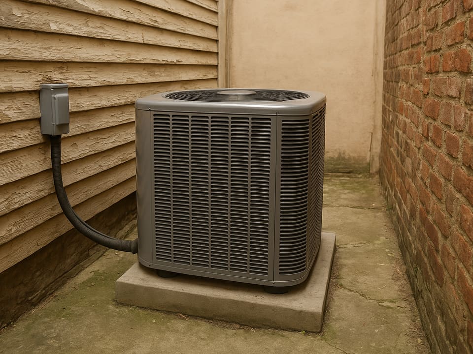 An outdoor air-conditioning unit on a raised pad in a narrow side yard, between a brick wall and painted siding.