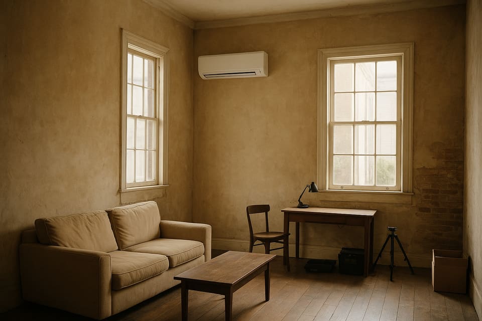 A wall-mounted mini-split unit high on a pale plaster wall in a high-ceilinged room with tall windows.