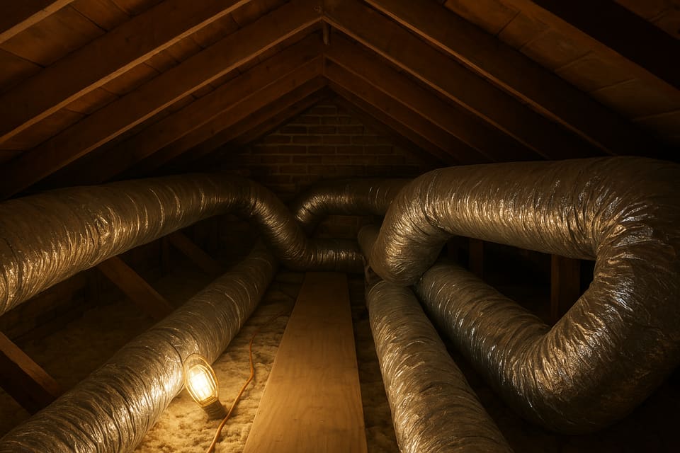 Insulated ducts running beneath timber rafters in an attic, beside a plank walkway.