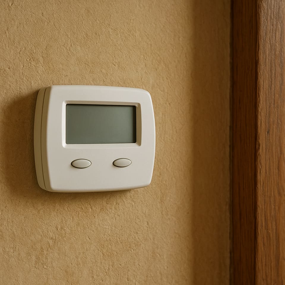 A plain thermostat with a blank display on a textured plaster wall beside a wooden doorframe.