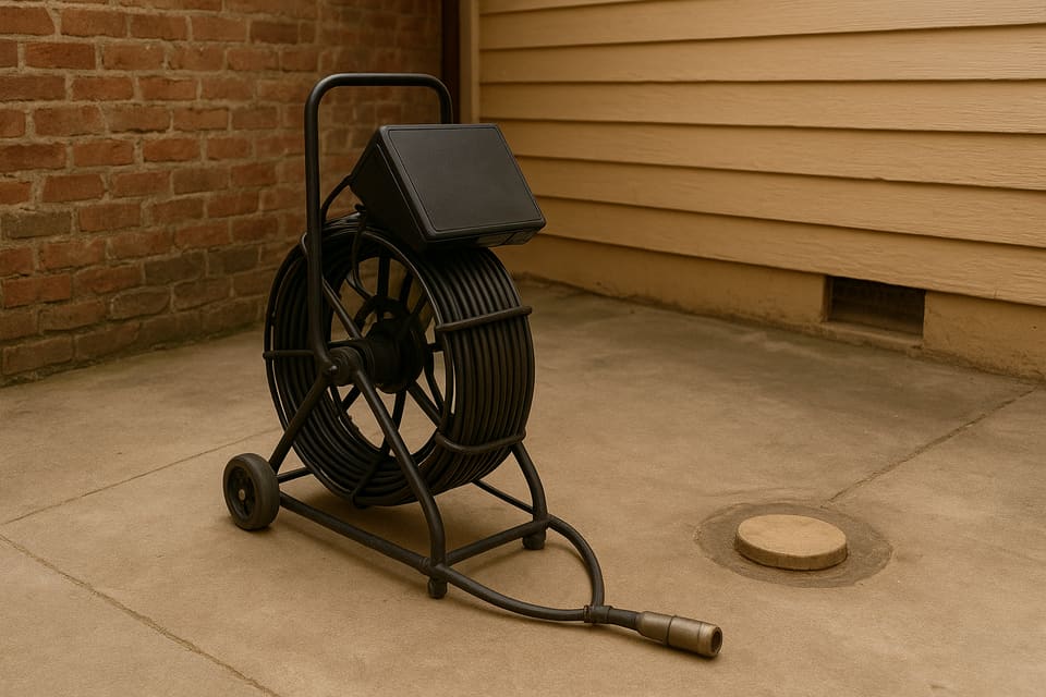 A drain inspection camera reel with a dark box on top and a trailing probe beside a round cover on concrete paving between a brick wall and painted siding.