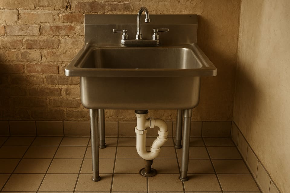 A stainless-steel utility sink with its drain pipes exposed beneath, in a plain back room.