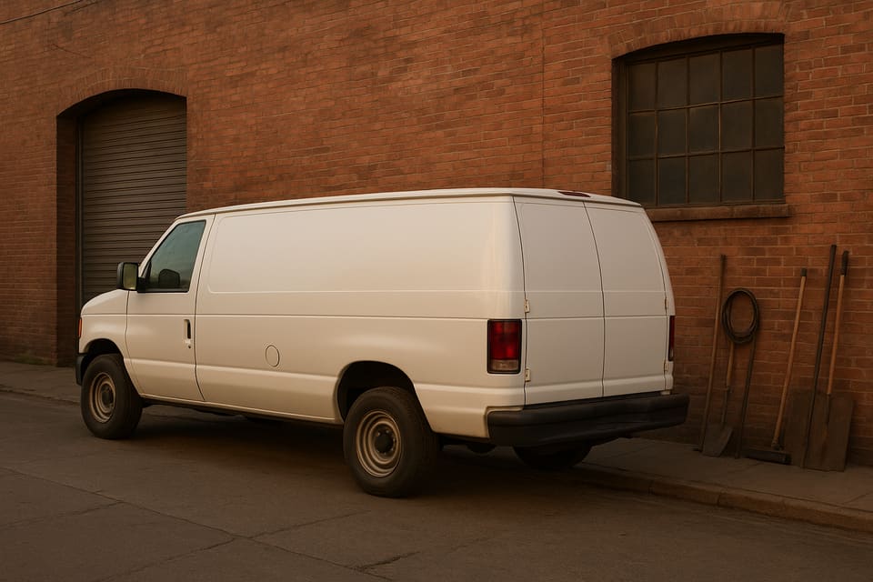 A plain white van parked beside a brick building in shade.
