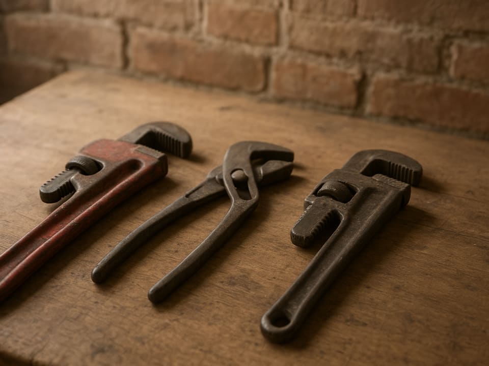 Worn pipe wrenches and hand tools laid on a workbench in front of a brick wall.